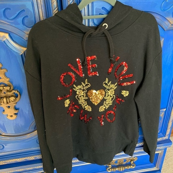 New York And Company Sequin Hoodie Black Love NY Sz Medium - Picture 2 of 3